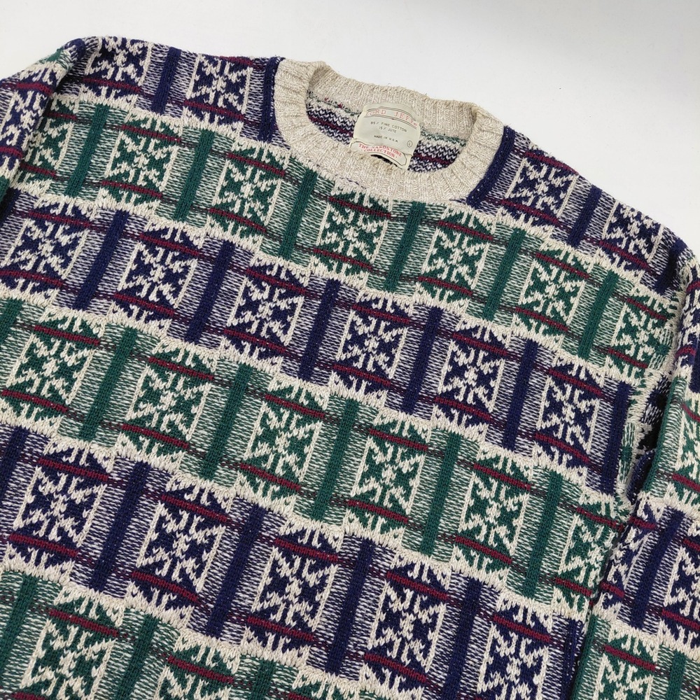 Vtg Lord Jeff Sandstone Raised Cotton Jute Knit Sweater Mens L USA Grandpa Ski